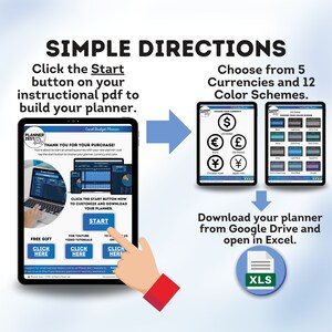 Puede incluir: Una pantalla digital que muestra instrucciones para un planificador de presupuesto. La pantalla muestra un bot&oacute;n etiquetado como "Inicio" y texto que dice "Haz clic en el bot&oacute;n Inicio ahora para personalizar y descargar tu planificador." La pantalla tambi&eacute;n muestra un regalo gratis, tutoriales en video y un enlace para contactar al vendedor. La pantalla est&aacute; sobre una mesa con una mano apuntando al bot&oacute;n "Inicio".