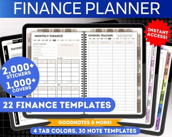 Puede incluir: Un planificador digital para la gestión de las finanzas, con 22 plantillas, más de 2.000 pegatinas y más de 1.000 cubiertas. El planificador se muestra en una tableta con un diseño marrón y blanco. El texto "FINANCE PLANNER" se muestra en azul en la parte superior de la imagen. El texto "GOODNOTES & MORE!" se muestra en amarillo en la parte inferior de la imagen. El texto "4 TAB COLORS, 30 NOTE TEMPLATES" se muestra en negro en la parte inferior de la imagen.