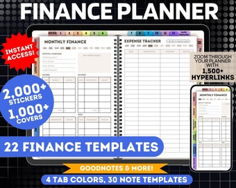 Puede incluir: Un planificador digital con el texto "FINANCE PLANNER" en letras grandes y en negrita. El planificador tiene 22 plantillas financieras, más de 2.000 pegatinas, más de 1.000 cubiertas y 4 colores de pestañas. El planificador es compatible con Goodnotes y otras aplicaciones para tomar notas. El planificador también tiene más de 1.500 hipervínculos.