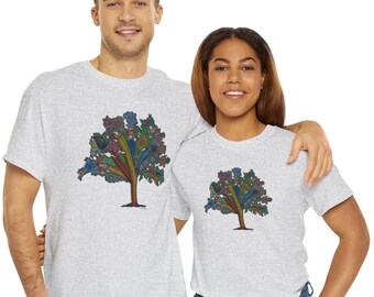 Artist Tree Unisex Heavy Cotton Tee, Creative Oak Tree Silhouette with art supplies and flowers