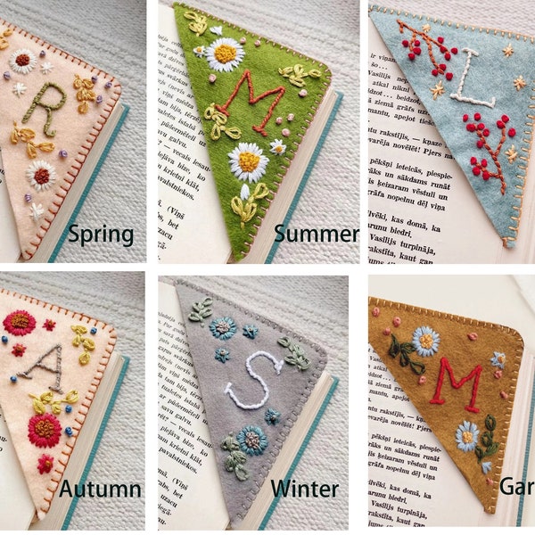 Personalized Embroidered Corner Bookmark for Her, A to Z Letters Handmade Bookmark Gift for Book Lovers, Four Seasons Party Favors, Mom Gift