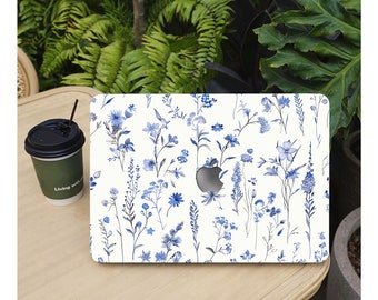 Étui pour MacBook bleu clair à fleurs, 13 14 15 pouces, étui rigide pour ordinateur portable pour MacBook Air 13M1M2/Pro 13/Air 15M3/Pro 14/Pro16