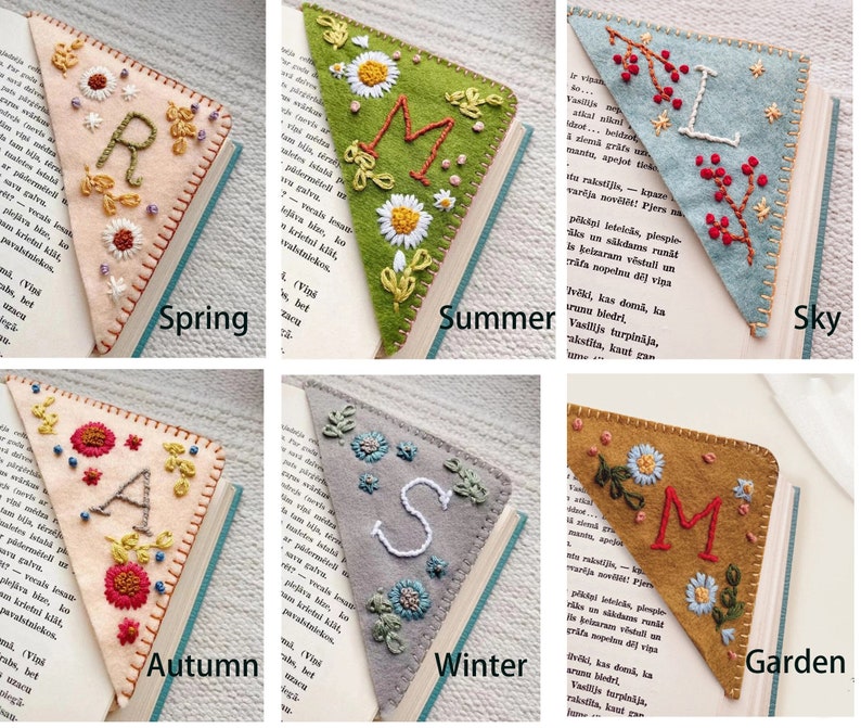 Personalized Embroidered Corner Bookmark for Her, A to Z Letters Handmade Bookmark Gift for Book Lovers, Four Seasons Party Favors, Mom Gift image 1