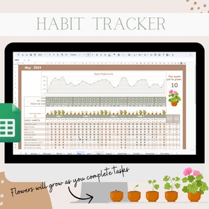 Puede incluir: Una hoja de cálculo de seguimiento de hábitos digital con un gráfico que muestra la productividad diaria y una tabla para realizar un seguimiento de los hábitos diarios. La hoja de cálculo tiene un tema floral con un gráfico de flores en crecimiento que representa el progreso. El texto "Este mes has crecido: 10" se muestra en la esquina superior derecha.