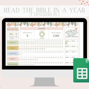 May include: A computer monitor displays a digital Bible reading tracker with the text "READ THE BIBLE IN A YEAR" and "3 TRACKERS IN 1." The tracker shows progress, chapters completed, and remaining chapters. A quote by Theodore Roosevelt is also visible.