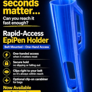 May include: A blue EpiPen holder with a rectangular design and a handle. The holder is designed for one-handed access and can be clipped to a belt or bag. Text on the image reads "Rapid-Access EpiPen Holder."