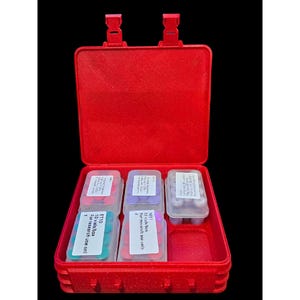 May include: A red plastic case with six clear compartments containing small vials of colorful beads. Each vial has a label with the text "MITT 10 vials/box For research use only" or "ET10 10 vials/box For research use only".