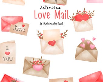 May include: A set of watercolor illustrations of envelopes with hearts and the words "love" and "I love you". The illustrations are perfect for Valentine's Day cards, invitations, or scrapbook pages.