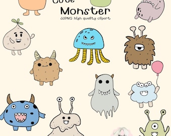 May include: A collection of colorful cartoon monsters in various shapes and sizes. The image includes a blue jellyfish-like monster, a brown furry monster, and a green monster with wings. Text reads "Cute Monster" and "33 PNG high quality clipart."