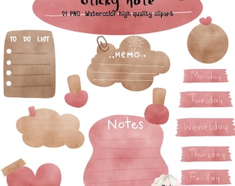 May include: Watercolor clipart set featuring sticky notes, memo clouds, and heart-shaped elements in shades of pink and brown. Includes text that reads "Sticky note", "To Do List", "Notes", and days of the week.