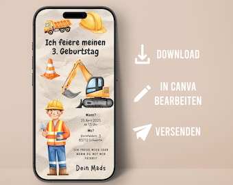 Children's birthday party construction site invitation, digitally customizable to send via WhatsApp to friends, invite children to the birthday party invitation