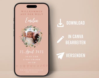Digital birth announcement with wildflowers, customizable template for WhatsApp, birth card mobile template, Canva, birth son/daughter, hello world
