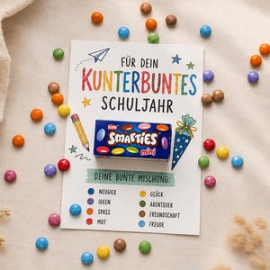 Skolstartspresent | Smarties-kort | Liten token för ett skolbarn | Pysselmall PDF | Digital nedladdning