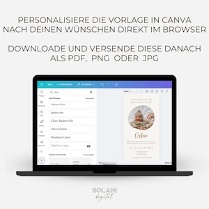 May include: A laptop screen displaying a Canva design template for a baby announcement card. The template features a photo of a baby in a circle with the text "Ank&uuml;ndigung zu meiner Taufe" and "Oska" in gold lettering. The text "21. Januar 2023" is also included.