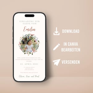 Convite Digital Batismo personalizado com Foto Desenho de Flores Silvestres Coroa de Flores Comunhão Confirmação Envio Móvel Boho