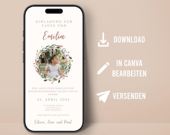 Digital Invitation Baptism personalized with Photo Wildflower Design Flower Wreath Communion Confirmation Shipping Mobile Boho
