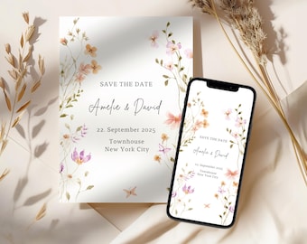 Wildflower Wedding Save the Date Card Template Customizable Digital Printable Boho Invitation Flowers Design Bundle