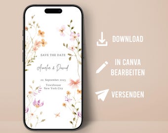 Save the Date Karte personalisierbar Digital Wildblumen Hochzeit Wir sagen ja Sofort Download