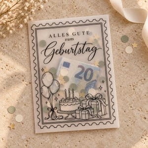 Könnte beinhalten: Eine durchscheinende rechteckige Geburtstagskarte mit briefmarkenartigem Rand und dem schwarzen Text ALLES GUTE zum Geburtstag. Das Design zeigt Strichzeichnungen von Luftballons, einer Torte und Geschenken, mit einem sichtbaren 20-Euro-Schein.