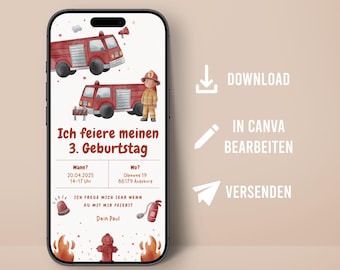 Children's birthday fire brigade invitation digital personalizable send messenger friends children invite birthday invitation