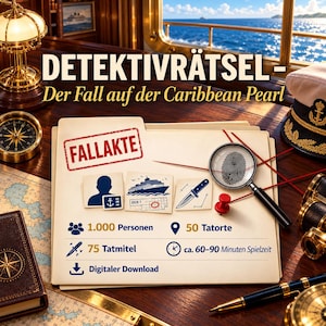 Może przedstawiać: Folder do gry zatytułowany DETEKTIVRÄTSEL - Der Fall auf der Caribbean Pearl z czerwoną pieczątką FALLAKTE, lupą nad odciskiem palca oraz ikonami dla 1000 osób, 50 miejsc zbrodni, 75 narzędzi zbrodni i 60-90 minut czasu gry.
