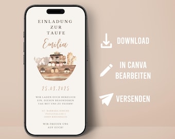 Digitale Einladung Taufe personalisiert Arche Noah Tiere Kommunion Firmung Versand Handy