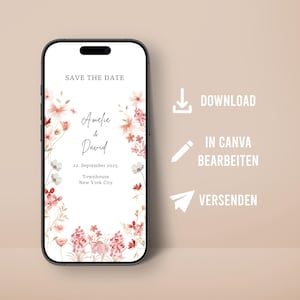 Plantilla de tarjeta de invitación con diseño de flores silvestres para guardar la fecha de boda, personalizable, imprimible digitalmente, estilo bohemio