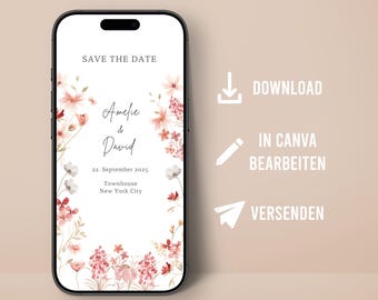 Wildflower Wedding Save the Date Card Template Customizable Digital Printable Boho Invitation Flowers Design Bundle