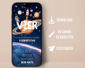 Invitación de cumpleaños infantil, temática espacial, astronauta, cohete, enviar digitalmente por mensajería, invitar a amigos, niños, invitación de cumpleaños