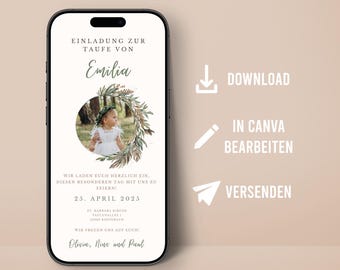 Digital Invitation Baptism personalized with Photo Wildflower Design Flower Wreath Communion Confirmation Shipping Mobile