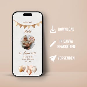 Modèle personnalisable d'annonce de naissance numérique Chaîne de fanions Boho pour WhatsApp carte de naissance téléphone portable Canva naissance fils fille avec photo