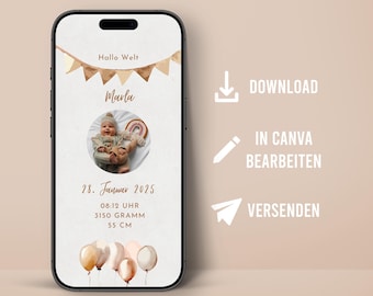 Anuncio de nacimiento digital plantilla personalizable Cadena de banderines Boho para tarjeta de nacimiento de WhatsApp celular Canva nacimiento hijo hija con foto