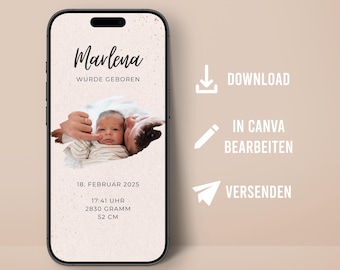 Digital birth announcement customizable template for WhatsApp birth card mobile template Canva birth son daughter with picture