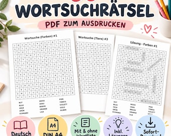 Könnte beinhalten: Drei weiße Papierbögen mit Wortsuchrätseln auf Deutsch, betitelt 50 WORTSUCHRÄTSEL PDF ZUM AUSDRUCKEN. Die Gitter enthalten schwarze Buchstaben mit Wortlisten darunter. Fünf kreisförmige Symbole am unteren Rand zeigen Text und Grafiken.