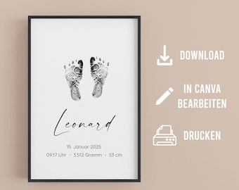 Personalizable Digital Name Poster for Handprint Footprint Birth Poster Gift Birth Birthday Baptism Communion Baby Shower