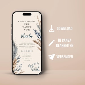 Invitation numérique baptême personnalisé boho design communion confirmation expédition téléphone mobile messager modèle invitation de baptême