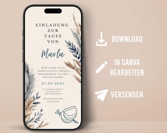 Digital Invitation Baptism Personalized Boho Design Communion Confirmation Shipping Mobile Messenger Template Baptism Invitation