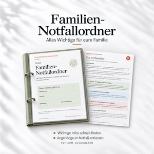 May include: A sage green three-ring binder containing printed documents titled Familien-Notfallordner. The pages include sections for family contact information, emergency details, and instructional guides for organising essential personal records.