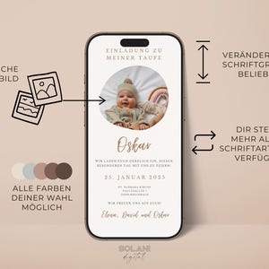 May include: A digital invitation for a baby's christening. The invitation features a photo of a baby boy in a white onesie and a brown knitted hat. The text on the invitation reads "Einladung zu meiner Taufe" and "Oskav". The date of the christening is listed as "25. Januar 2023".