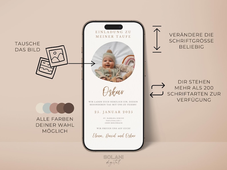 May include: A digital invitation for a baby's christening. The invitation features a photo of a baby boy in a white onesie and a brown knitted hat. The text on the invitation reads "Einladung zu meiner Taufe" and "Oskav". The date of the christening is listed as "25. Januar 2023".