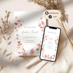 Save the Date Karte personalisierbar Digital Wildblumen Pink Hochzeit Wir sagen ja Sofort Download