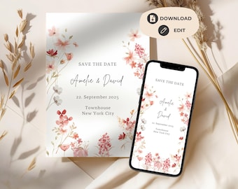 Save the Date Card Personalizable Digital Wildflowers Pink Wedding We Say Yes Instant Download