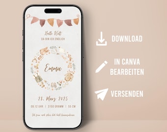 Digital birth announcement customizable template for WhatsApp birth card mobile template Canva birth son daughter hello world