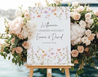Welcome sign for wedding ceremony modern wedding sign personalized template with wildflowers