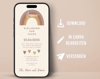 Digital Invitation Baptism Boho personalized Rainbow Communion Confirmation Send to friends family via Messenger invite mobile