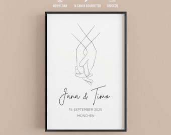 Wedding gift personalized with name date bride and groom hand digital template | Ideal for anniversary Valentine's Day wedding anniversary