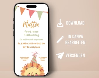 Zaproszenie Urodziny Urodziny Dzieci Cyfrowe Personalizowane Wyślij Messenger Dzieci zapraszają Lew Motywy dziecięce