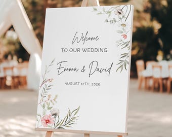 Letrero de bienvenida para ceremonia de boda, plantilla personalizada de letrero de boda moderno con flores silvestres