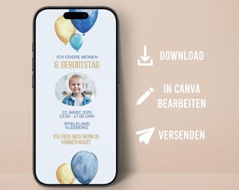 Invitación Cumpleaños Cumpleaños Infantil con Foto Globos Digital Personalizable Enviar Messenger Invitar Niños