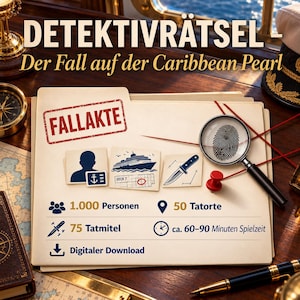 Könnte beinhalten: Eine Detektivspiel-Fallakte mit dem Titel DETEKTIVRÄTSEL - Der Fall auf der Caribbean Pearl, inklusive Lupe, Fingerabdruck, Messer, Schiff und Personen-Icon. Der Text enthält 1.000 Personen, 50 Tatorte, 75 Tatmittel und ca. 60-90 Minuten Spielzeit.